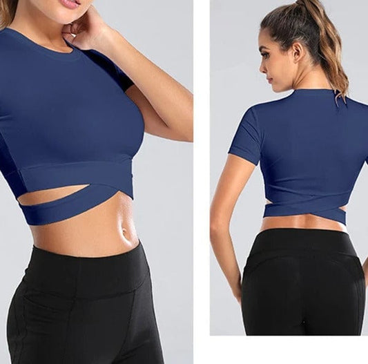 Brassière yoga Top Entrecroisé Bleu marine vue de face et de dos