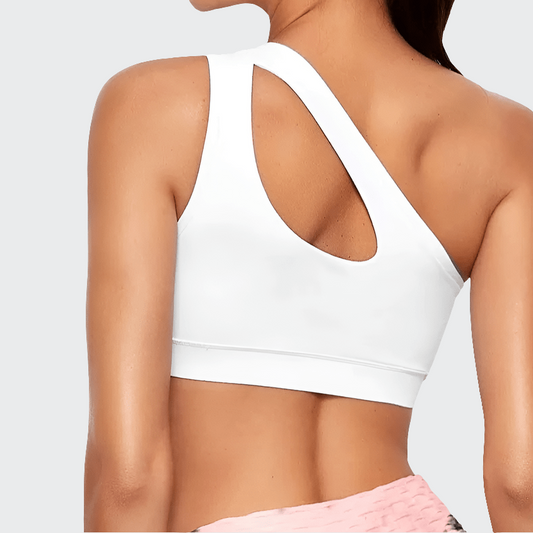 Brassière yoga Zen Push Sport Blanc, épaule asymétrique et découpe goutte