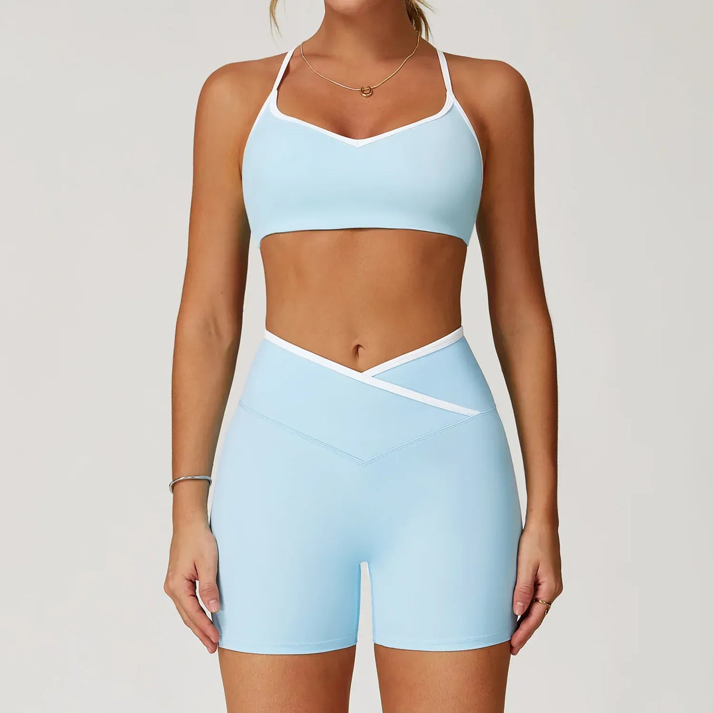 Ensemble Yoga Femme | Zen Look Shorty : shorty taille haute croisée. Blue Set 1 / XL