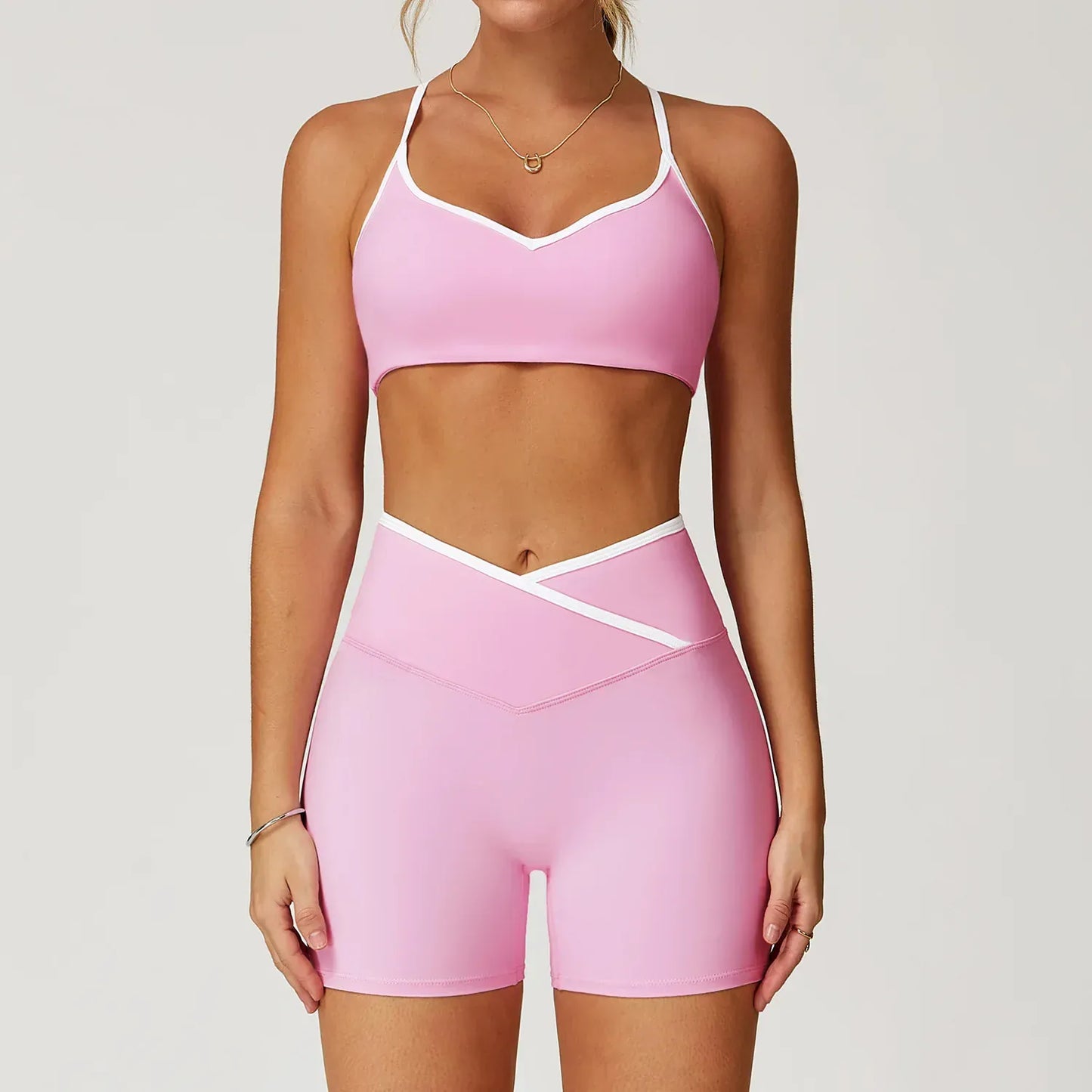 Ensemble Yoga Femme | Zen Look Shorty : shorty taille haute croisée. Pink Set 1 / XL