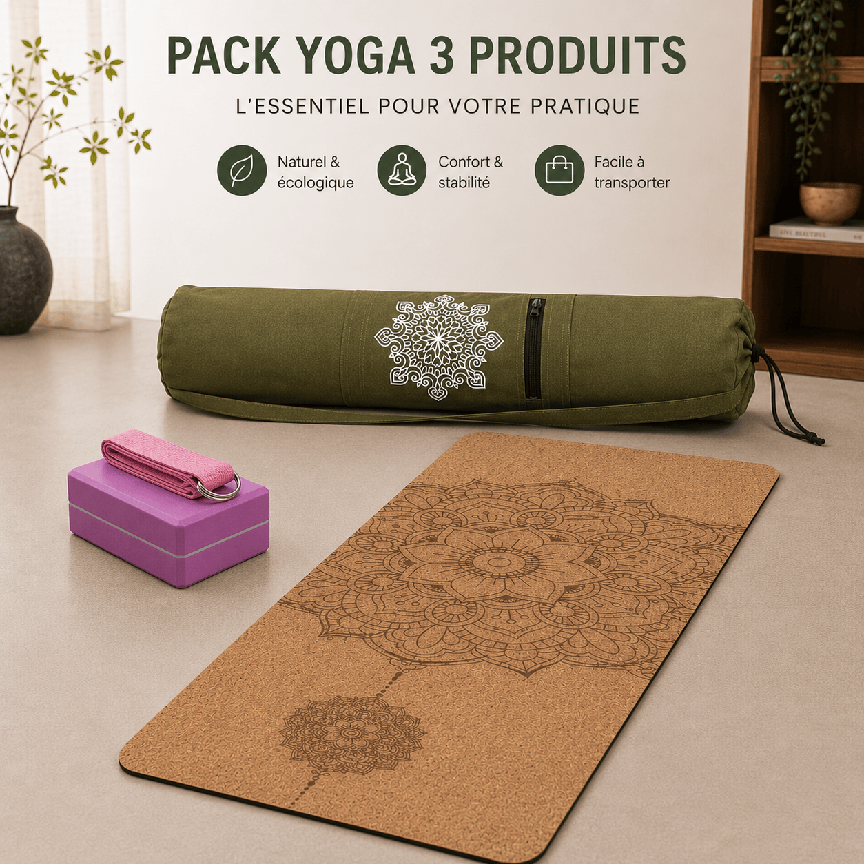 Pack Yoga Complet Liège | Tapis Mandala 6mm + Sac + Brique&sangle
