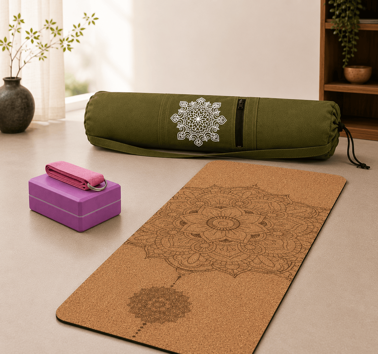 Pack Yoga Complet Liège | Tapis Mandala 6mm + Sac + Brique&sangle