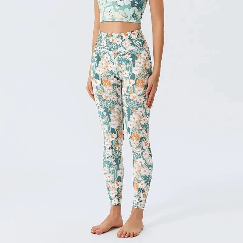 Pantalon yoga femme | Zen color flower : style floral et confort Green White Flower / XL
