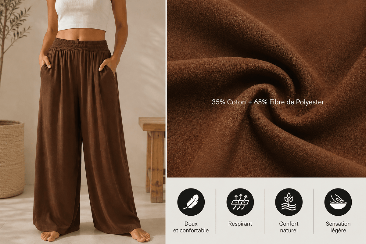 Pantalon yoga femme Zen Large Confort Marron, composition 35 % coton et 65 % polyester