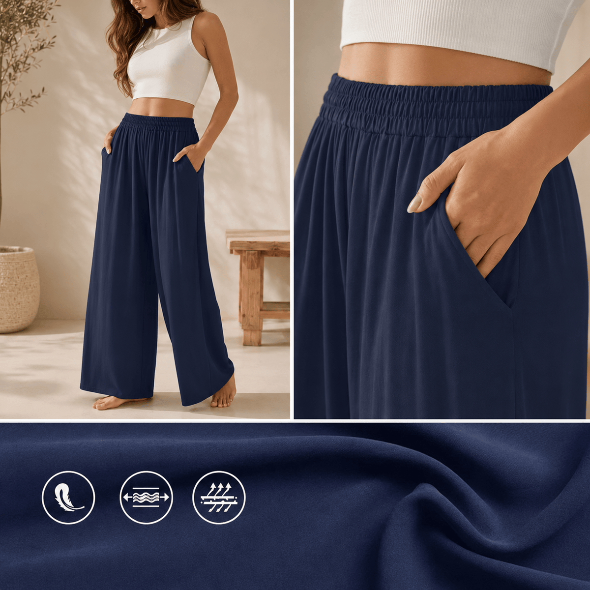 Pantalon yoga femme Zen Large Confort Bleu, avec détail de la poche et de la taille élastique