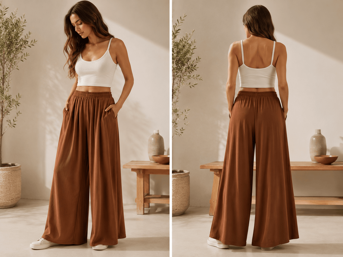 Pantalon yoga femme Zen Large Confort Marron, vu de face et de dos