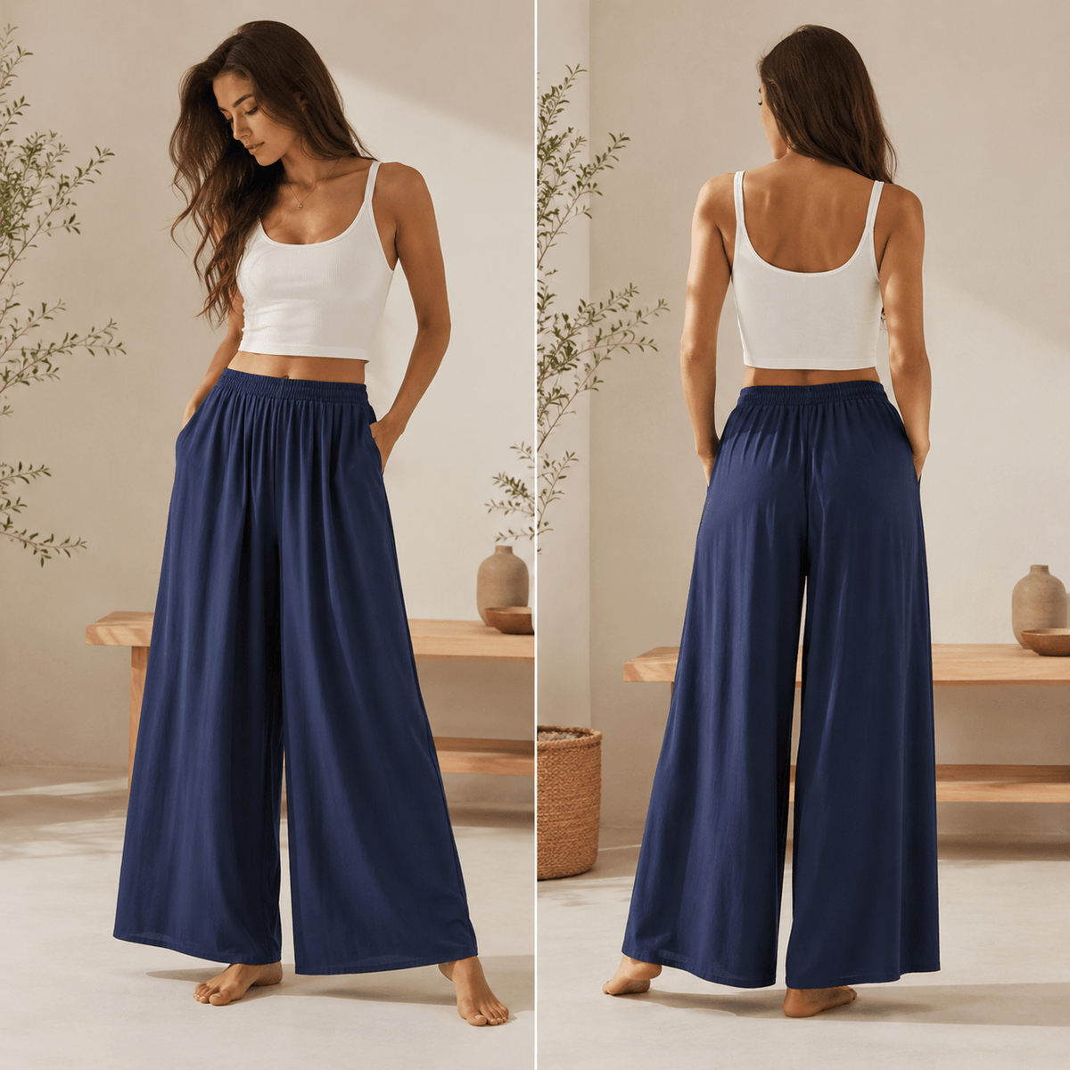 Pantalon yoga femme Zen Large Confort Bleu, vu de face et de dos