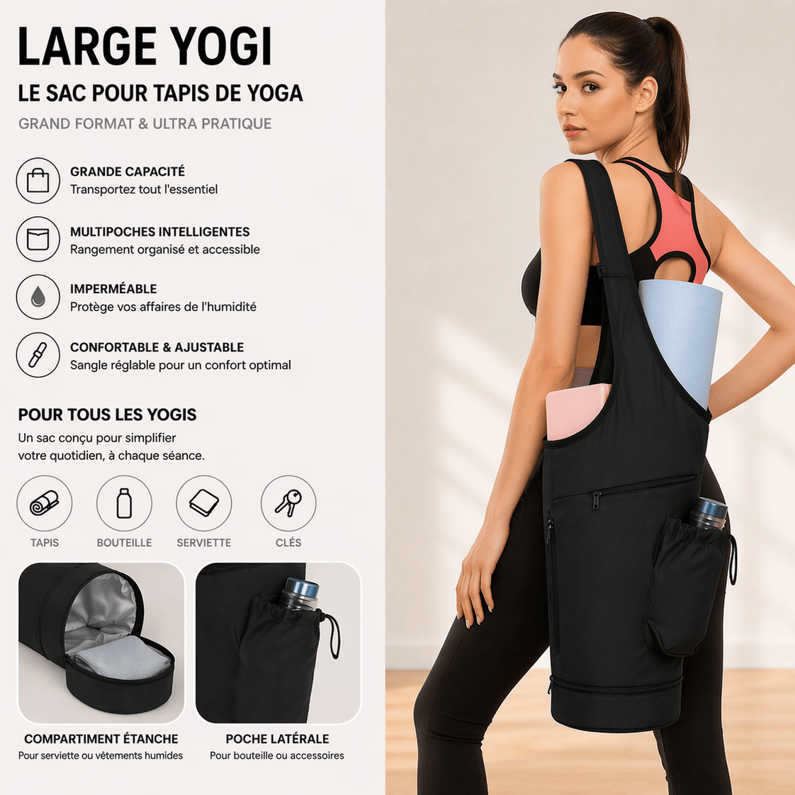 Sac pour tapis de yoga | Large Yogi : sac yoga pratique et spacieux 
