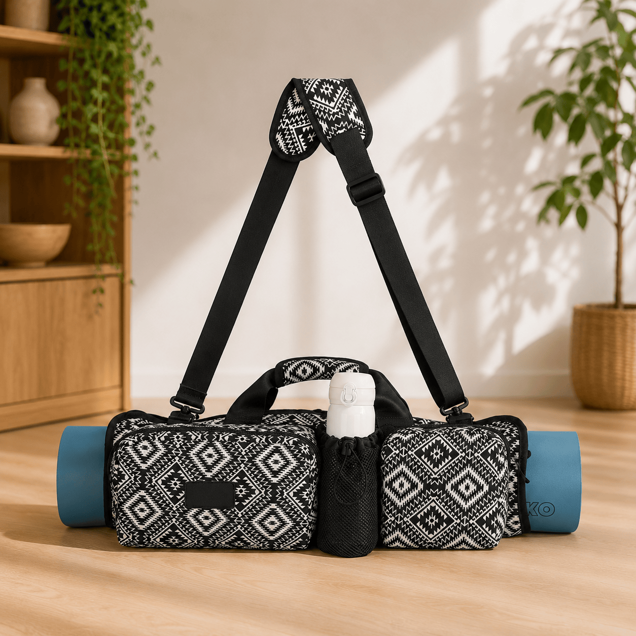 Sac Tapis de Yoga Bohème Multipoche & Gourde | ZenYopi Aztèque noir & blanc