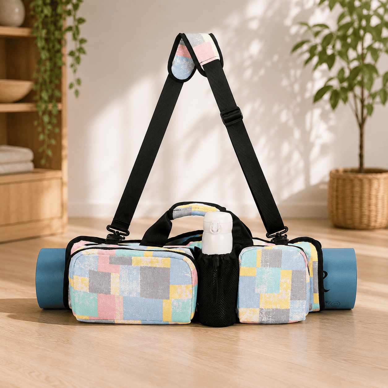 Sac Tapis de Yoga Bohème Multipoche & Gourde | ZenYopi Blocs pastel