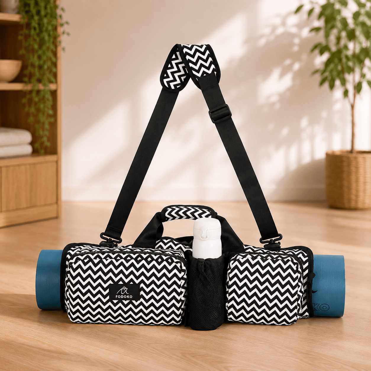 Sac Tapis de Yoga Bohème Multipoche & Gourde | ZenYopi Chevron noir & blanc