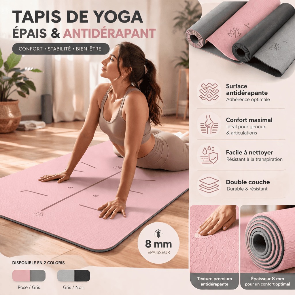 Tapis de Yoga | Confort 8mm : Antidérapant & Stabilité | Zenyopi