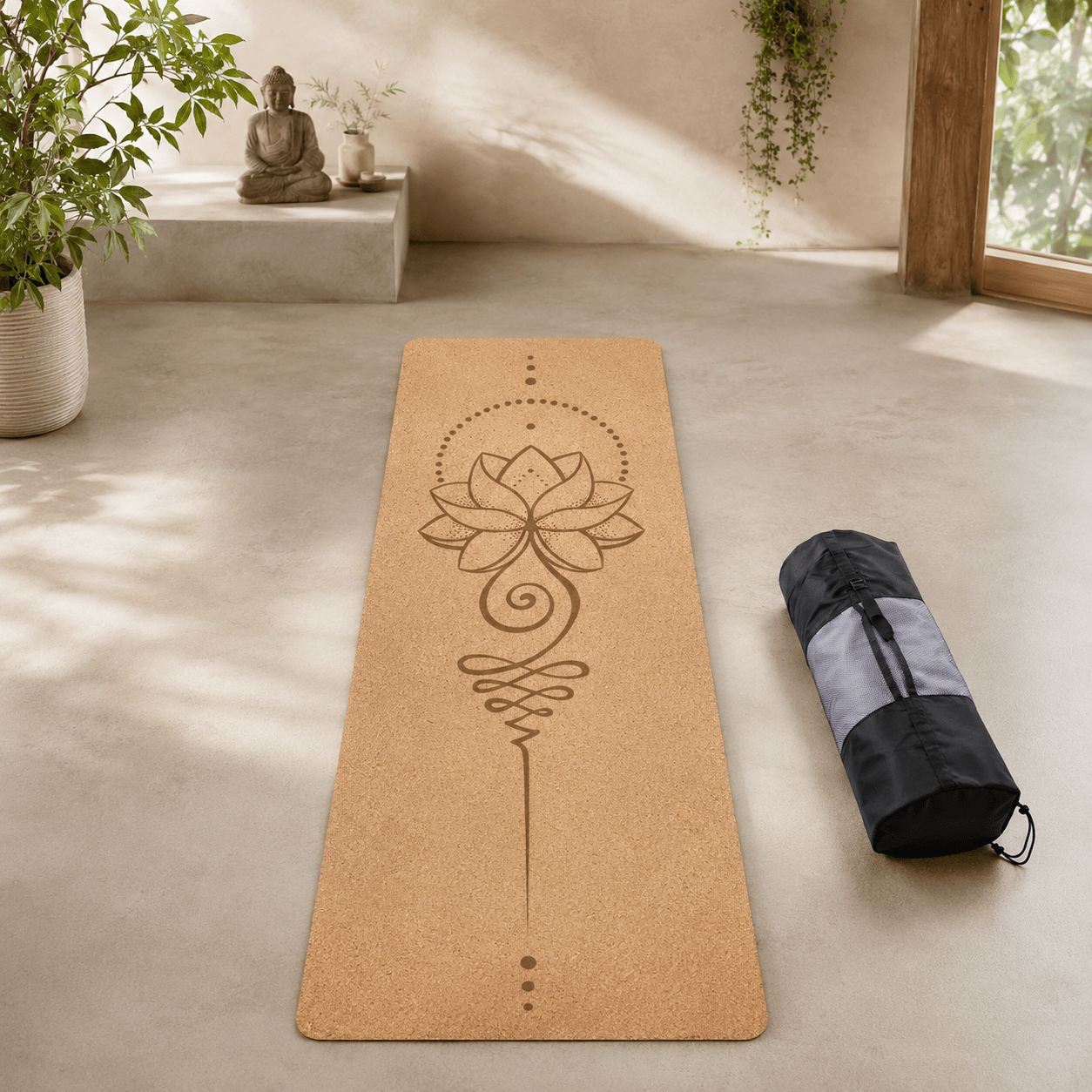 Tapis de yoga en liège | Naturel Fleur 4 mm 2 pièces : confort naturel Lotus with bag