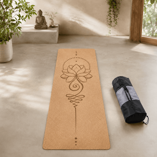 Tapis de yoga en liège | Naturel Fleur 4 mm 2 pièces : confort naturel Lotus with bag