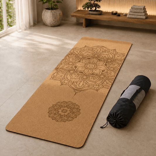 Tapis de yoga en liège | Naturel Mandala 4 mm 2 pièces : confort et style Mandala with bag