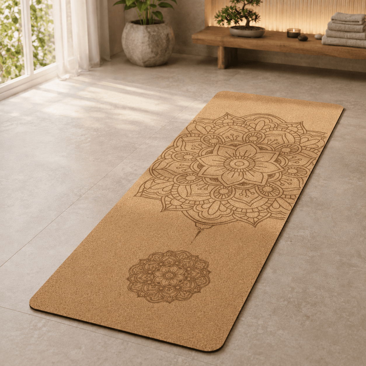 Tapis de yoga en liège | Naturel Mandala 4 mm, confort écologique. Mandala