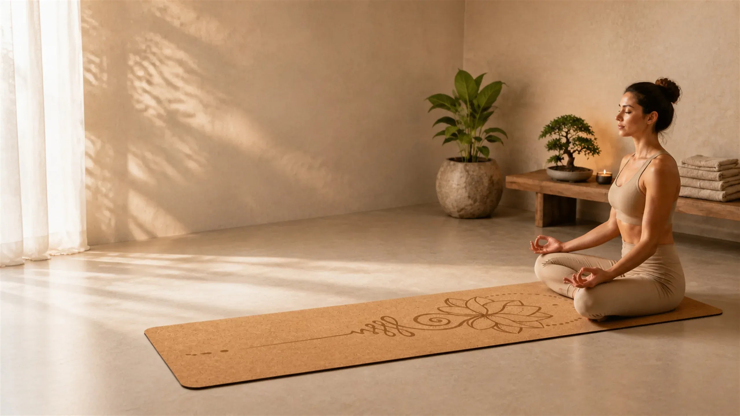 Femme en méditation sur un tapis de yoga en liège Zenyopi à motif lotus, dans un intérieur lumineux