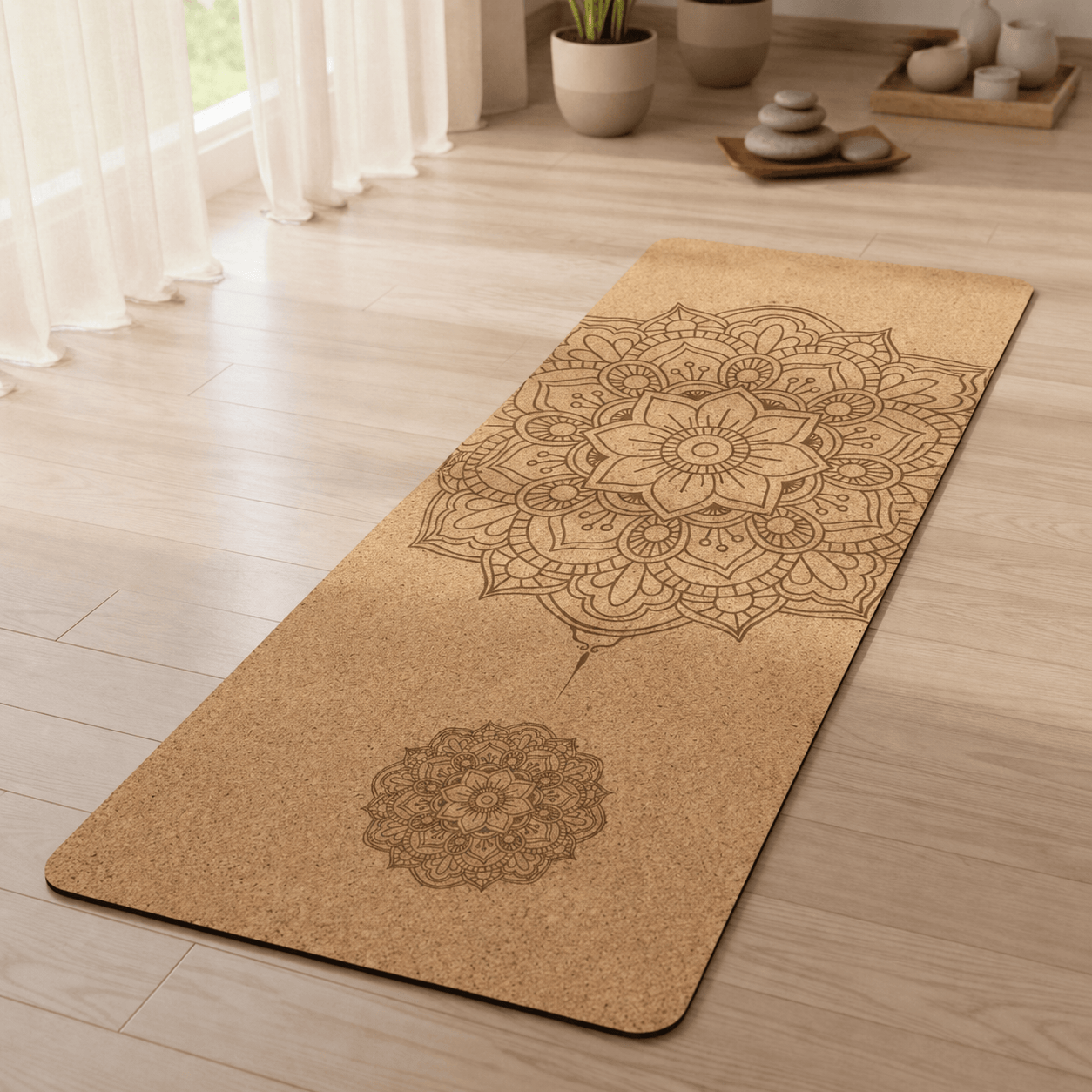 Tapisde yoga en liège | Naturel Mandala 6 mm : Antidérapant & Confort Mandala / 183cmX57cmX6mm
